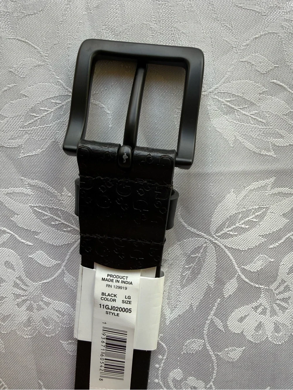 Guess Black Genuine Leather Belt Men's Size L Logo-Pattern Embossed Matte Buckle